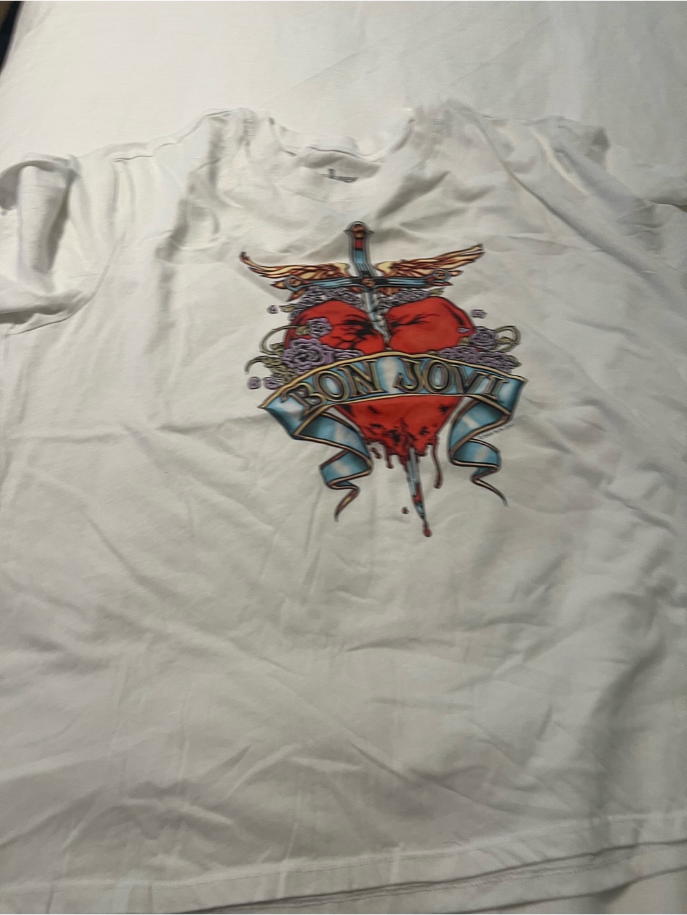 Torrid Bon Jovi Graphic Band Tee - White with Blue/Orange Heart, Sz 1
